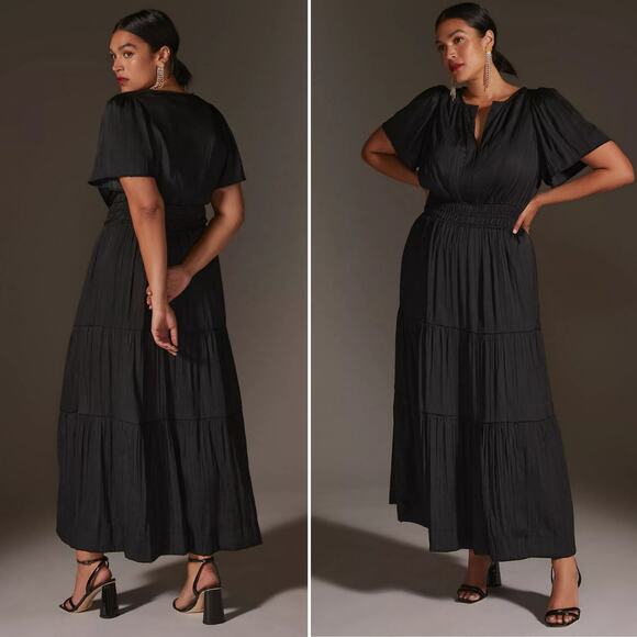 Anthropologie Dress Black Somerset Tiered Short Sleeve Maxi Dress Size MP - Picture 1 of 11